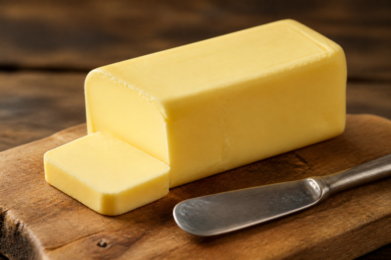 Yellow stick butter on cutting board with metal knife
